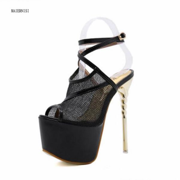 

women's sandals net red shoes waterproof platform 6cm fashion show 16cm heels 4-11 12 dress, Black