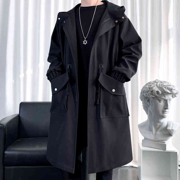 

men's windproof et, large loose long coat, street hood, retro, black, casual, novel, Tan;black