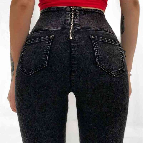 

women's jeans 82123 back zipper breech dark high waistband casual pants qwhy, Blue