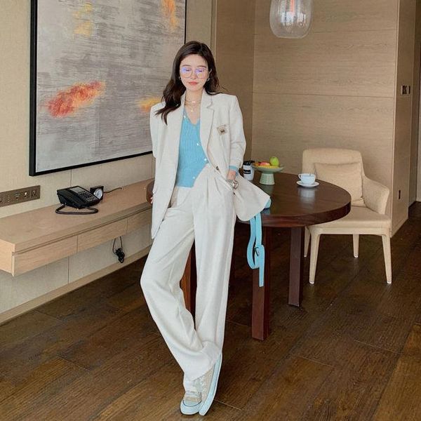 

bella 2021 2 piece set women blazer wild leg pant suits elegance single breasted office lady work jacket korean fashion women's two pan, White