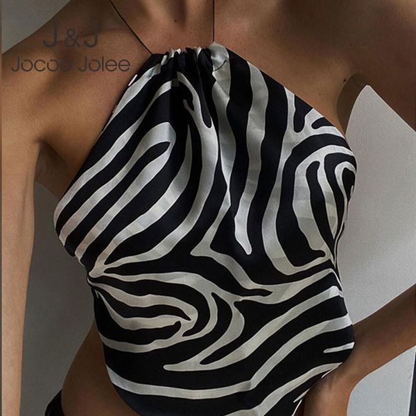 

jocoo jolee women summer y2k halter striped printing backless skinny one shoulder tank high streetwear party club vest 210518, White