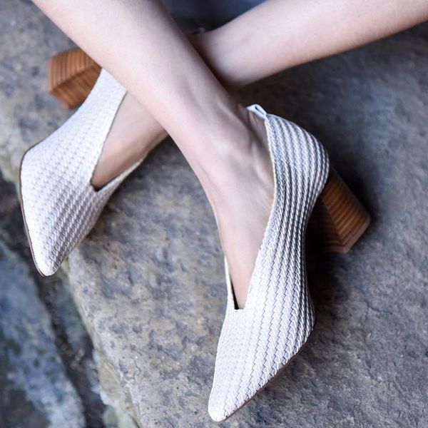 

artmu original custom women's shoes vintage genuine leather woven high heels pointed toe granny thick pumps dress, Black