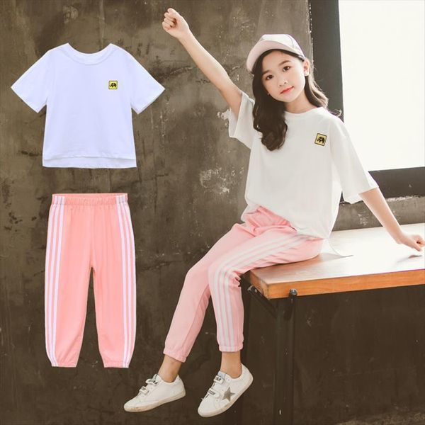 

summer kid baby girls clothes child t shirt sweatsuit capri pants teenager stripes tracksuit 6 8 9 10 11, White