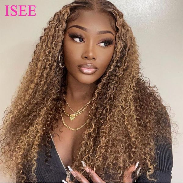 

lace wigs isee hair highlight curly wig mongolian 4/27 ombre colored 4x4 closure kinky human, Black;brown