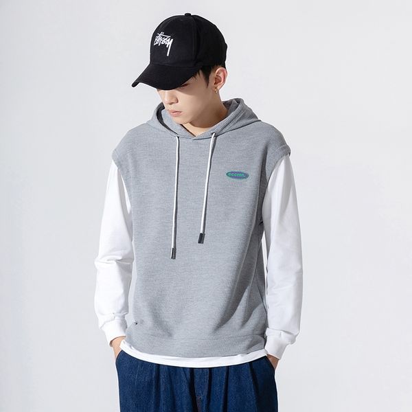 

men's new waffle loose shoulder trendy men's hoodie, Black
