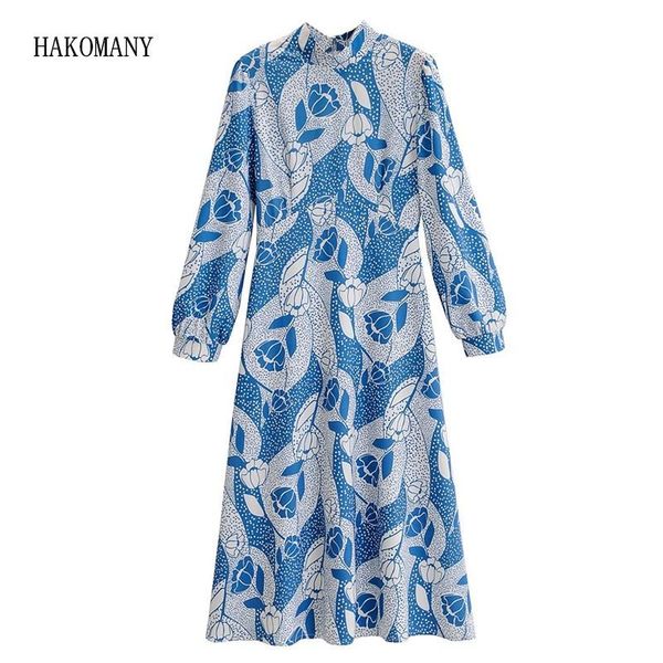 

casual dresses 2021 vintage stand collar long sleeve party dress elegant blue white flower print women, Black;gray
