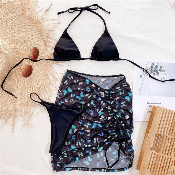 

3pcs bikin swimwear with cover up women swimsuit triangle bikinis set swimming bathing suit beachwear summer brazilian bikini 2021, White;black