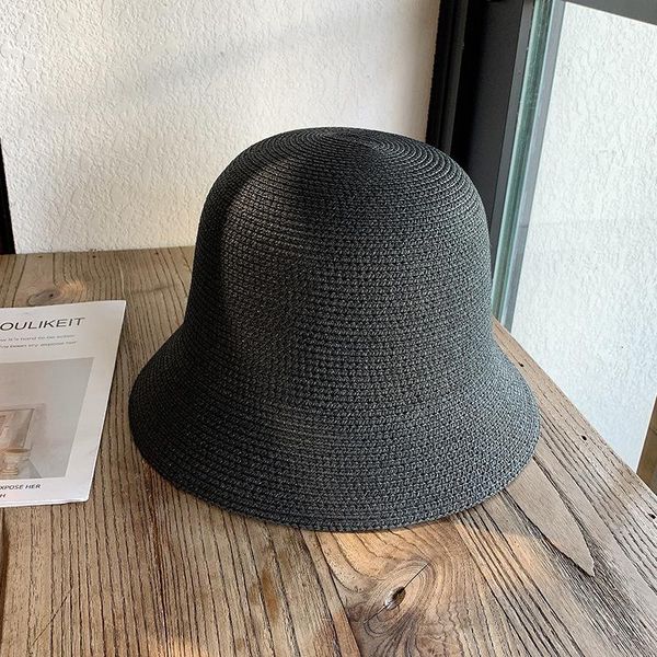 

women summer sun hat casual collapsible bell straw solid beach outdoor vacation protection lady wide brim hats, Blue;gray