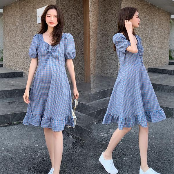 

1106# summer korean fashion plaid maternity dress sweet v neck slim high waist a line loose clothes for pregnant women pregnancy dresses, White