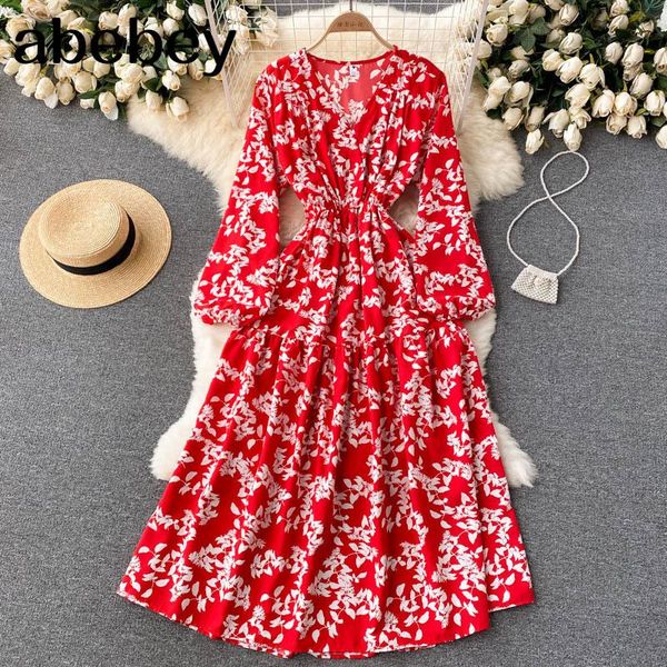 

casual dresses women sweet floral dress elegant french puff sleeve v neck a-line autumn boho print vacation long, Black;gray