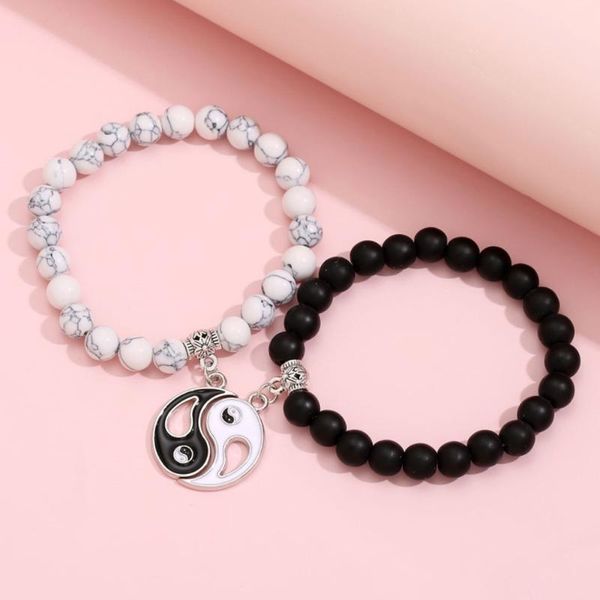 

charm bracelets 2pcs/set couple hematite cord braid chain bracelet chinese tai chi bead lover bangle bff friendship jewelry, Golden;silver