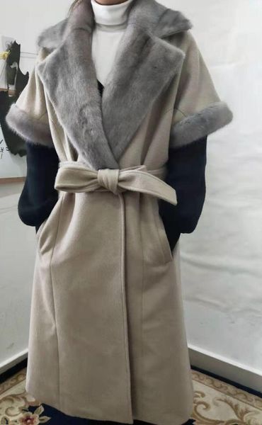 

women's fur & faux arlenesain real mink grey single-sided cashmere women coat with short sleeve, Black