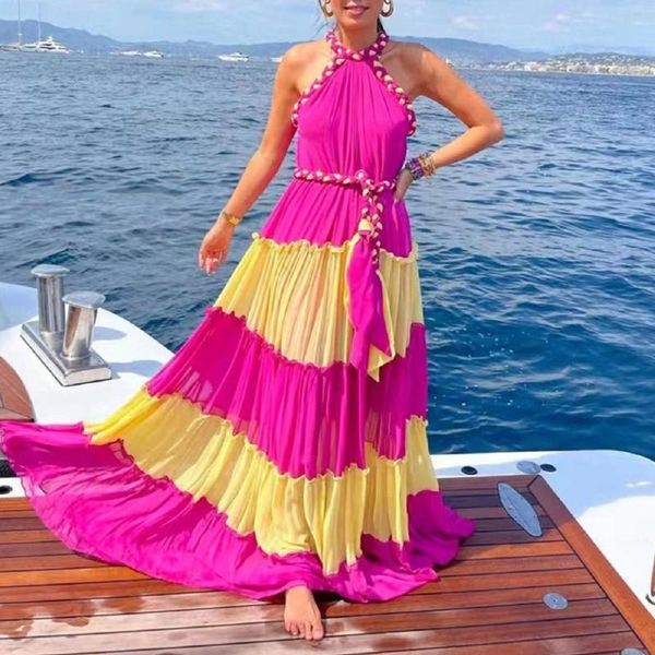 

casual dresses fashion women bohemian maxi dress sleeveless halter patchwork loose with sashes female holiday wear, Black;gray