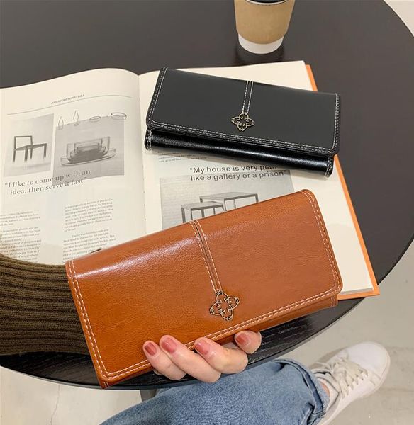 

factory wholesale women handbag simple retro leather long wallet college style folding solid color clutch bag multifunctional thread womens, Red;black