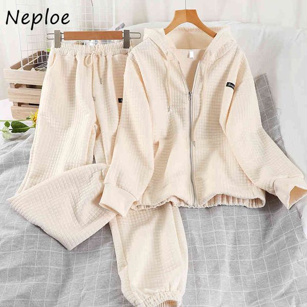 

neploe loose causal solid 2 pcs women set hooded long sleeve zipper pocket jacket + high waist hip harem pants suit spring 210423, White