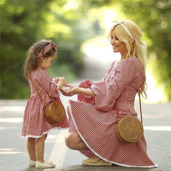

family matching christmas mother daughter dresses mom and me women kids girl checker dress xmas party princess dress, Blue
