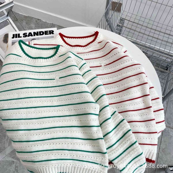 

fall 21 new stripe crew neck hollow crochet knit women's sweater, White;black