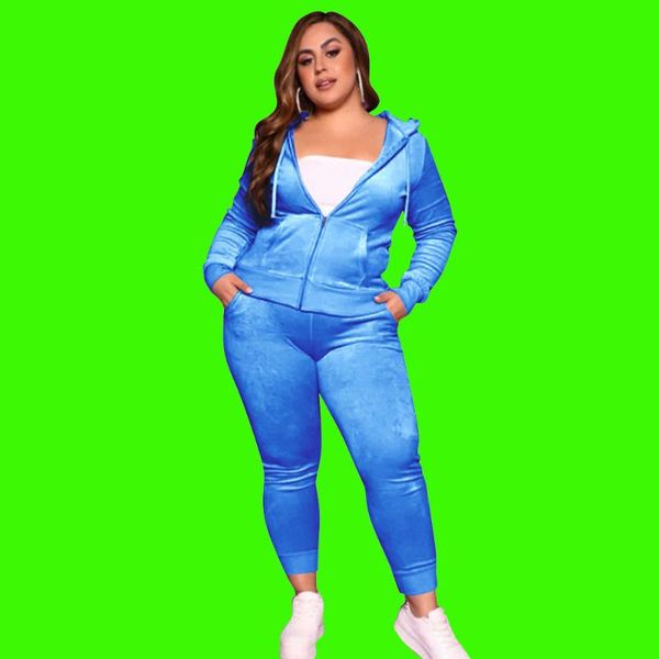 

plus size tracksuits women clothing fashion leisure pure color zipper hooded long sleeve pocket comfortable slim pants sets wholesale items, Black