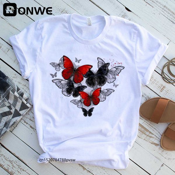 Mulheres vermelhas e pretas borboleta moda t camisa menina harajuku estilo coreano gráfico tops dia dos namorados t-shirt feminino, drop ship x0628