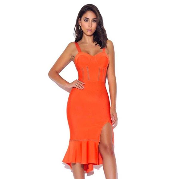 Frauen Sexy V-Ausschnitt Orange Verbandkleid Knielange Trompete Fischschwanz Elegante Designer Weihnachtsfeier 210527