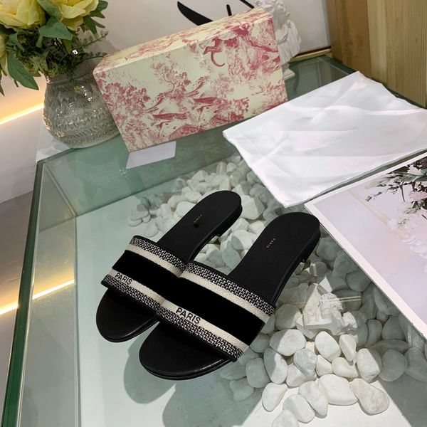 

classical flip flops fashion women designer sandals slippers striped beach leather rubber flower slipper loafers with box dust bag, Black