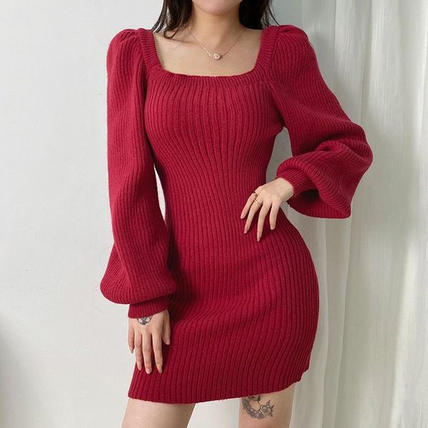 

one-piece suits women knitted dress solid color long lantern sleeve square collar bodycon mini autumn spring female clothes beachwear