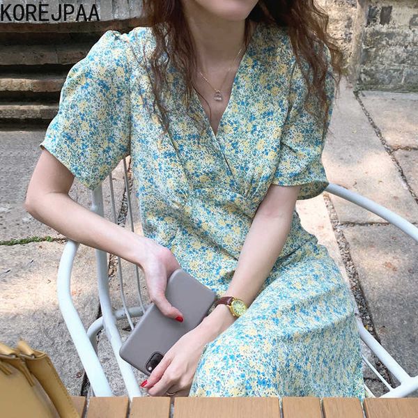 Korejpaa Frauen Kleid Korea Chic Französisch Retro Floral V-ausschnitt Hohe Taille Casual Lange Knie-länge Blase Hülse Vestido Weibliche 210526