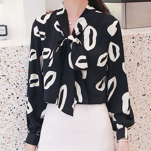 

women's blouses & shirts 2021 elegant womens and feminine tie bow printing long sleeve chiffon shirt women blouse a060, White