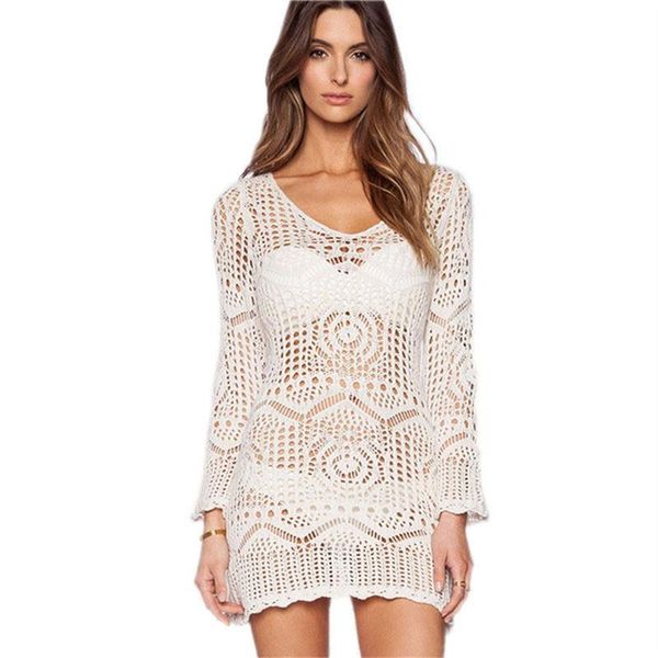 

women's swimwear white crochet bikini cover up women hollow tunic beach dress 2021 summer one word collar long sleeve bathing suit, White;black