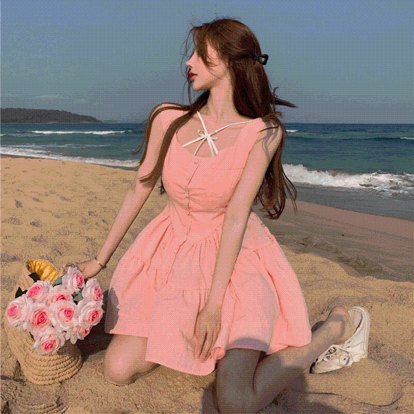 

casual dresses pink aesthetic fairycore summer vintage dress kawaii clothes harajuku cotagecore sundress forwomen, Black;gray