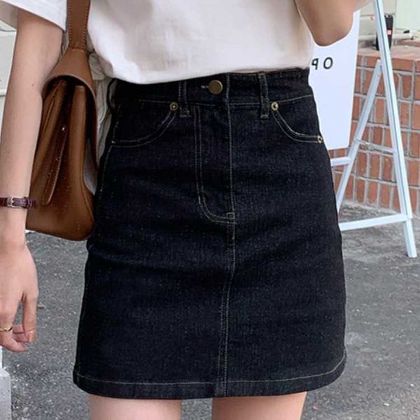 

fashion skirts bla denim women's 2021 summer high waisted elastic butto pants a-line, Black