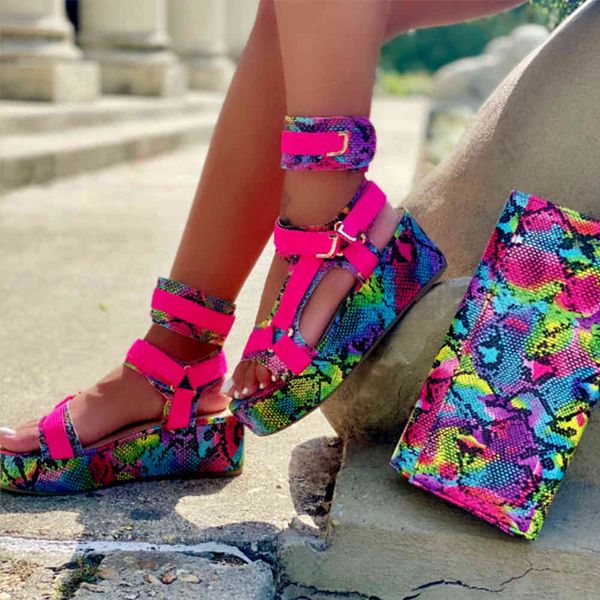 

sandals 2021 trendy open toe snakeprint ankle strappy platform wegdes multicolor leisure casual gladiator sandals, Black