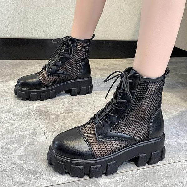 

boots lucyever summer black platform women fashion chunky lace up hollow out booties woman comfort outdoor breathable shoes