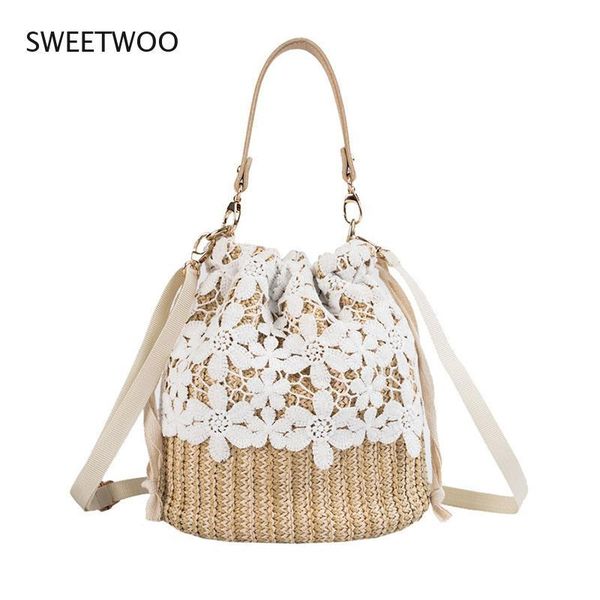 

evening bags lace bucket flower pattern woven picnic bag for women fashion summer beach straw female wild crossbody shoulder handbag