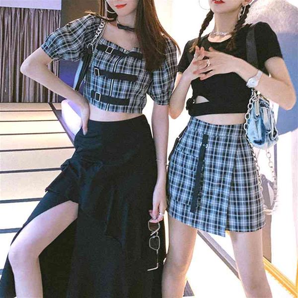 

two piece set women square collar puff sleeve plaid crop irregular skirt y2k fashion suit female party casual tracksuit 210330, White