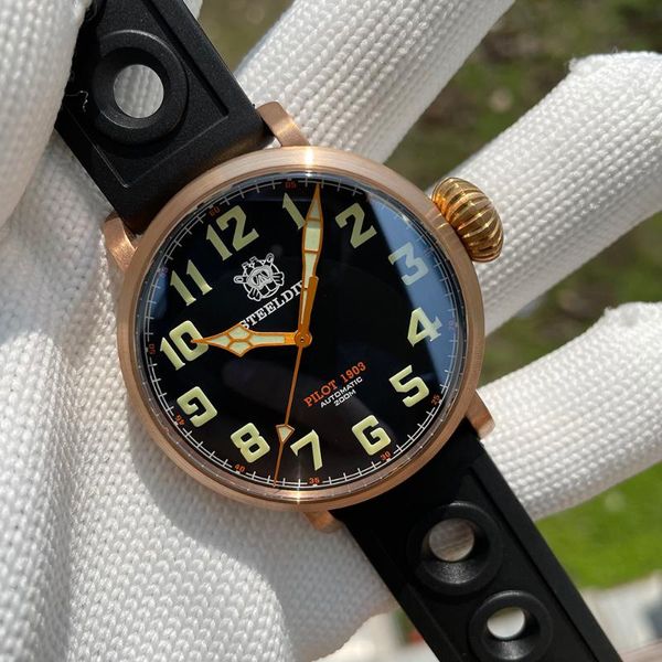 

wristwatches steeldive arrival sd1903s big size solid bronze case dive watch super luminous c3 unique crown 200m 20atm diving men, Slivery;brown