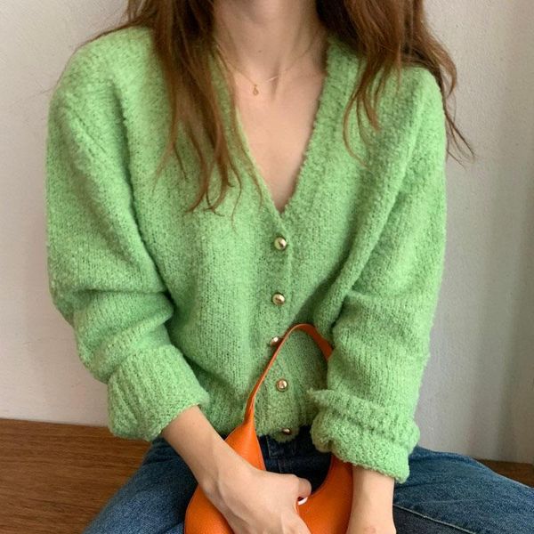 

women's knits & tees women cardigan sweater 2021 korean fashion gentle retro v-neck thin single-breasted plush loose long sleeve knit c, White