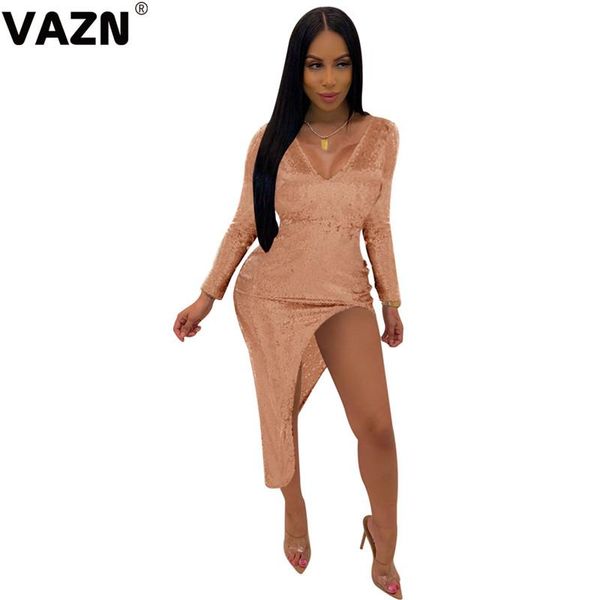 

casual dresses vazn 2021 irregular vintage shinny bandage dress full sleeve sheath v-neck solid maxi long, Black;gray