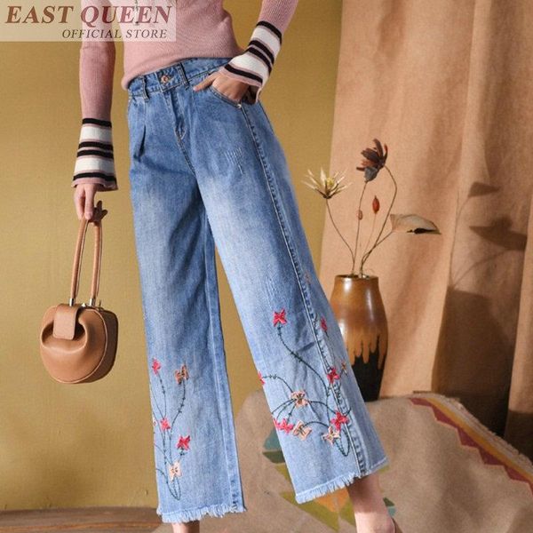 

boyfriend jeans for women 2021 embroidery wide leg pants jean with high waist casual loose denim trousers dd609 l women's, Blue