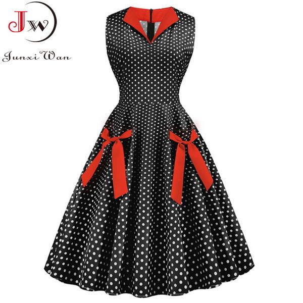 

polka dot print vintage dress women summer v neck high waist sleeveless bow midi elegant office party sundress casual plus size 210510, Black;gray