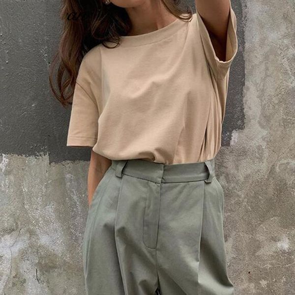 

summer fashion basic solid t-shirt women casual cotton short sleeve tee shirt female oversized o-neck, White