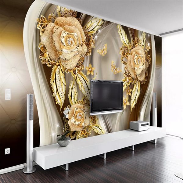 Flor papel de parede luxo dourado bling rosa design sala de visitas 3d wallpapers de parede