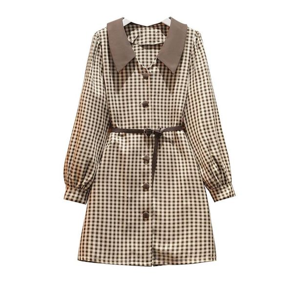 

casual dresses cyanlee women turn down collar single breasted vintage plaid patchwork korean dress retro vestido, Black;gray