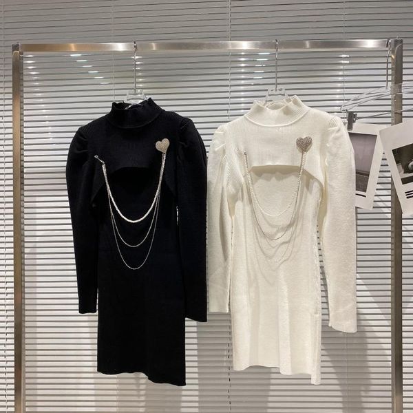 

casual dresses pearl chain knitted shawl + suspender dress women two piece set 2021 autumn outfit, Black;gray