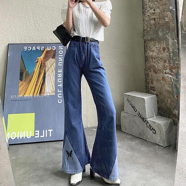 

street trendsetters butterfly printed splicing women jeans fashion slim long cowboy pants high waist falling feeling flare women's, Blue