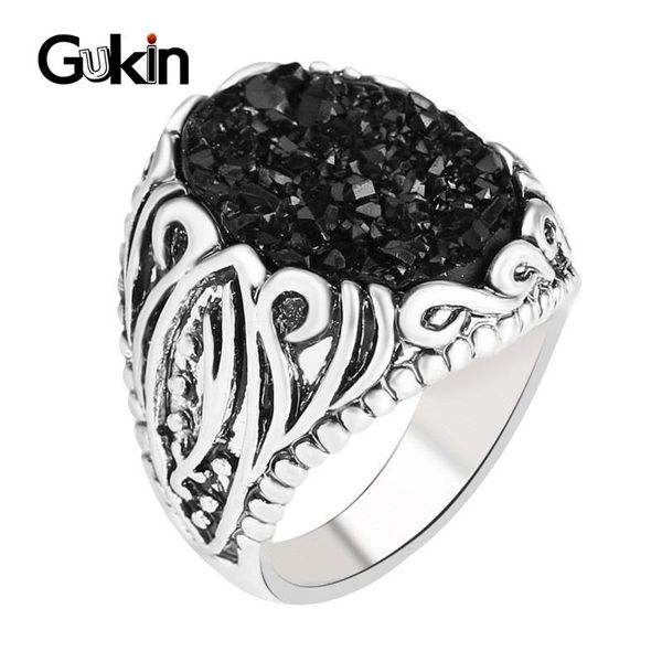 

cluster rings gukin black punk mens vintage look oval ore silver plated personality men ring jewelry gift drop, Golden;silver