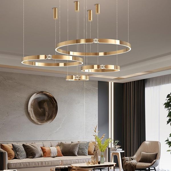 

modern led suspension hanging luminaire remote control dimmable ring light crystal for living room home kitchen island table pendant lamps