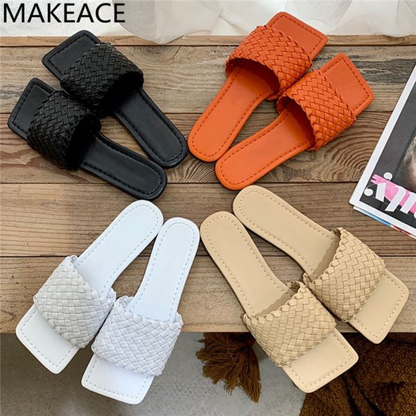 

official website 70% off outlet orange black real slippers woman square toe braid leather summer slipper flat heel beach shoes women's