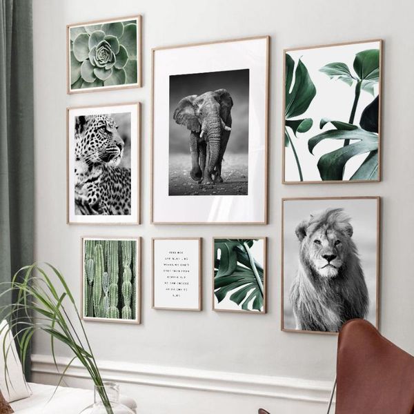 

lion leopard elephant nordic vintage poster green plants wall art print canvas painting monstera decor pictures for living room paintings