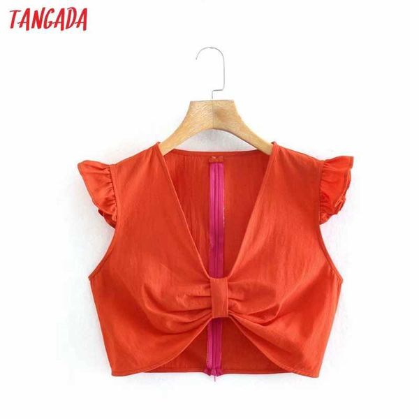 

tangada women retro solid bow crop shirt side zipper ruffles short sleeve summer chic female shirt xn281 210609, White